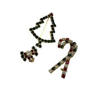 Vintage Rhinestone Christmas Brooch Pins Tree Candy Cane Bow Holiday Jewelry